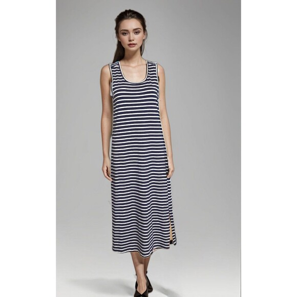 Toad & Co Maxi Dress Sz M Blue Striped Sleeveless‎ Organic Cotton Blend - Picture 1 of 8